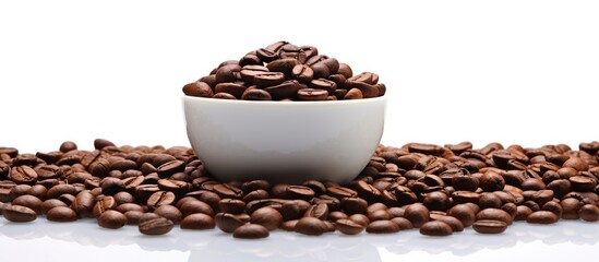 Poster - A cup of roasted coffee beans on a white background with plenty of copy space for other elements of your design