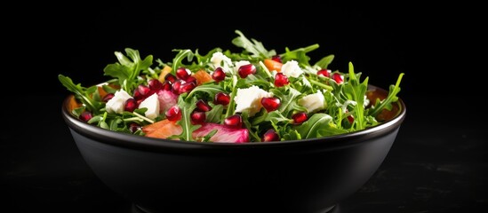 Poster - A vibrant salad of rucola feta cheese red onion and pomegranate seeds is presented in a black bowl set against a chalkboard background providing the perfect copy space image