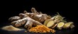 © vxnaghiyev - A copy space image featuring fresh and ground ginger root spice is displayed against a black background showcasing its natural remedy properties