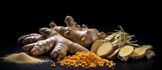 Poster - A copy space image featuring fresh and ground ginger root spice is displayed against a black background showcasing its natural remedy properties