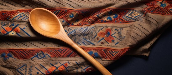 Aufkleber - A wooden cooking spoon is seen on a patterned cloth providing a visual representation of cooking with organic materials The image includes a background with textured elements as well as copy space for