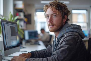 Fototapete - A male hip web developer at work in a modern office space. from side perspective. Generative AI.