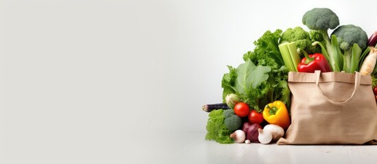 Fototapete - Vegetables and fruits in a paper bag on a white background ideal for promoting healthy vegan vegetarian food The image provides copy space making it suitable for banners or advertisements It encapsula