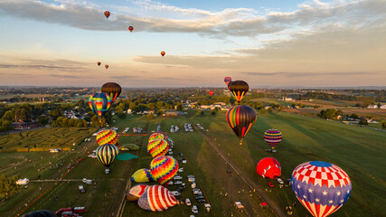 Wall Mural - hot air balloons in the air during sunset in a field