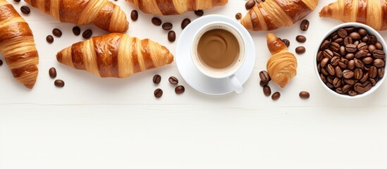 Aufkleber - A top down view of a white background showcasing a delightful morning spread of aromatic coffee and sweet croissants with plenty of copy space