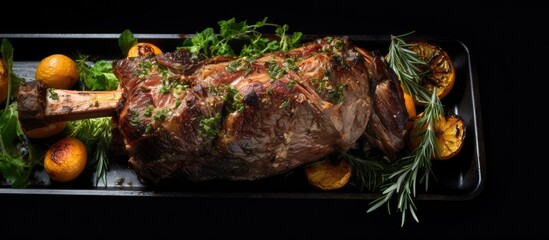 Aufkleber - Top view of an oven baked lamb leg with a dark background providing ample copy space for additional elements