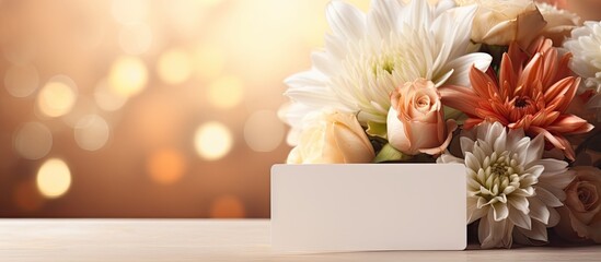 Poster - A white gift card is nestled within a beautiful bouquet of flowers creating a lovely composition with plenty of copy space