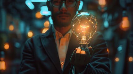Poster - Vibrant visuals showcasing a businessman holding a light bulb linked to the future internet, symbolizing the critical role of creativity and innovation in business excellence. Generative AI.