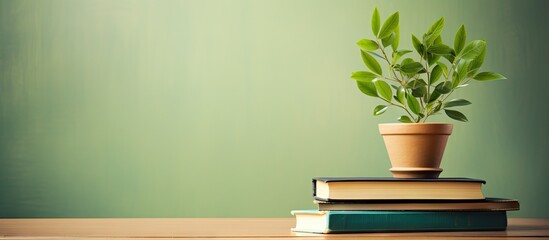 Aufkleber - Top view of an open empty book with an ornament plant on a stack of books in a library room The image includes copy space and text and represents the concept of back to school and education