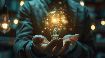 Poster - Vibrant visuals showcasing a businessman holding a light bulb linked to the future internet, symbolizing the critical role of creativity and innovation in business excellence. Generative AI.