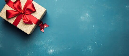 Aufkleber - Top view of a gift box with a red bow on a blue background serving as a holiday background Perfect for copy space image