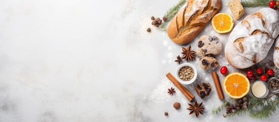 Poster - A top view of homemade Stollen ingredients on a white marble table creating a visually appealing copy space image showcasing the process of baking traditional German Christmas bread