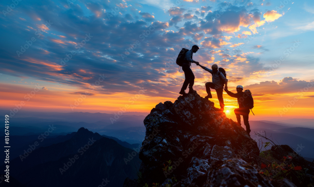 Group of young hikers with backpacks walks with backpacks and helps ...