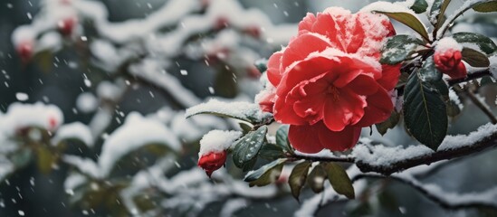 Poster - A snow covered red camellia adds a touch of vibrant color to the winter scenery. with copy space image. Place for adding text or design
