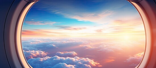 Leinwandbilder - A stunning sunrise view of a blue skyline with clouds captured through the window of a plane providing a copy space image