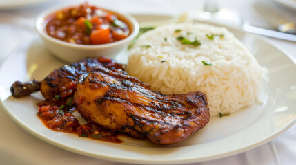 Wall Mural - Authentic african cuisine: grilled chicken, fragrant white rice, and spicy beans with fresh herb garnish on a plate