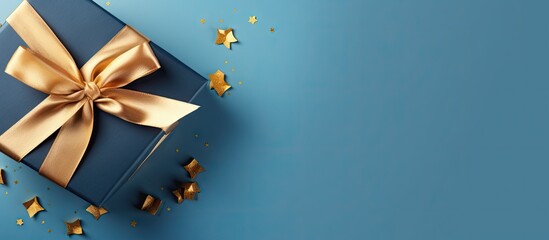 Poster - A stunning greeting card for special occasions like Valentine s day anniversary mother s day and birthday The card showcases a golden ribbon isolated on a blue background with copy space and presente