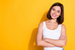 © deagreez - Photo portrait of attractive young girl crossed hands confident wear trendy white outfit isolated on yellow color background