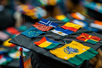 Wall Mural - A graduation cap decorated with various flags from different countries, symbolizing international education and diversity