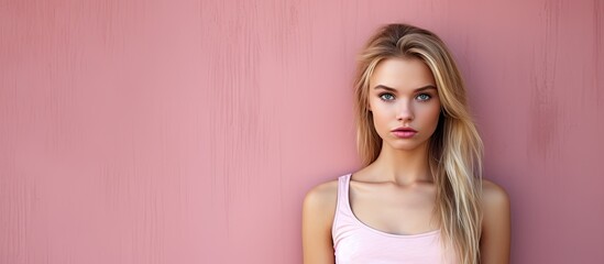 Poster - A resentful and beautiful young woman with sincere emotions stands isolated against a wall She is wearing a stylish pink top and there is copy space image available The concept conveyed is negative