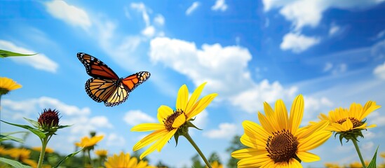 Wall Mural - A vibrant monarch butterfly gracefully rests on a sunflower set against the backdrop of a picturesque sky filled with fluffy clouds Ample copy space is available