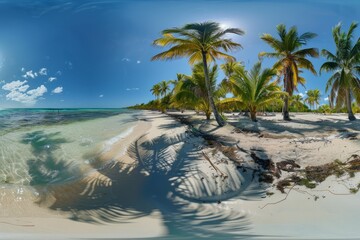 Wall Mural - A 360-degree view of a tropical beach with palm trees swaying in the breeze, showcasing the natural beauty of the serene coastline