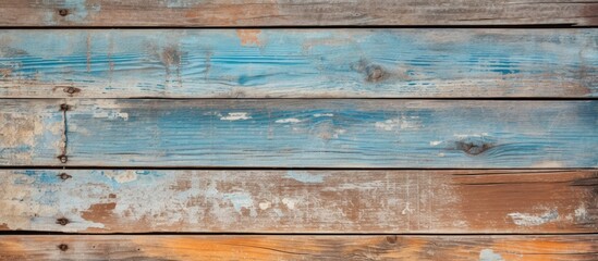 Poster - Street fence made of worn wooden boards Peeling paint reveals faded texture Ample empty area for copy space image