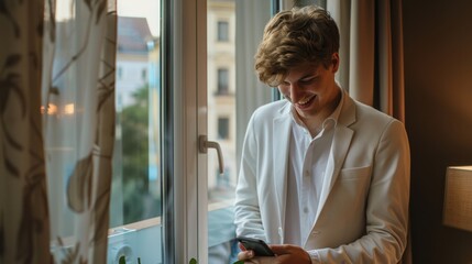 Wall Mural - Young Man Enjoying Evening Texts