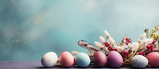 Poster - Copy space image of a vibrant Easter composition featuring colorful natural dyed eggs arranged on a colored table accompanied by gypsophila flowers