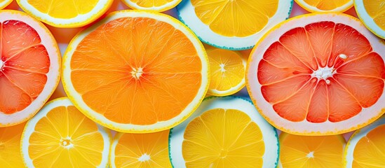 Aufkleber - A vibrant and artistic pattern of freshly sliced oranges creates a captivating texture The neon colors add a mesmerizing touch to the macro top view image that features copy space This visually appea