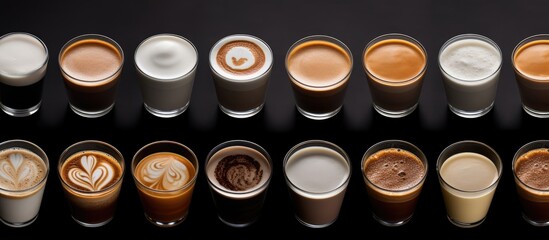 Poster - A copy space image showcasing various coffee types like latte espresso mocha and cappuccino presented in a range of cups and containers with different styles