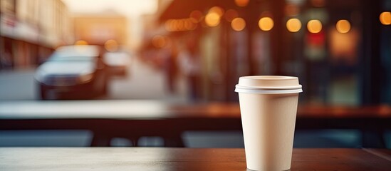 Poster - A white paper coffee cup can be seen while driving through a coffee shop The image contains empty space for additional content