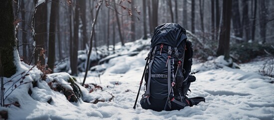 Poster - Winter woods with snow showcasing a black hiking backpack and trekking poles Perfect for a serene hiking holiday Copy space image