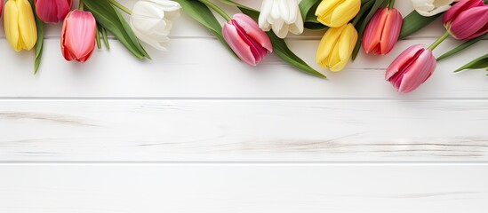 Aufkleber - Top view copy space image of fresh spring tulips flowers on a white wooden background perfect for congratulations and greeting cards