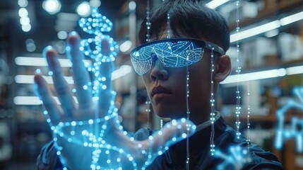 Sticker - A Chinese man wearing VR glasses is using holographic augmented reality to green screen and cut out the background of her hand with a DNA double helix. Generative AI.