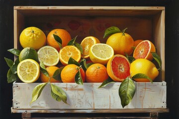 Sticker - Vibrant array of fresh citrus fruits with leaves, nestled in a rustic wooden box