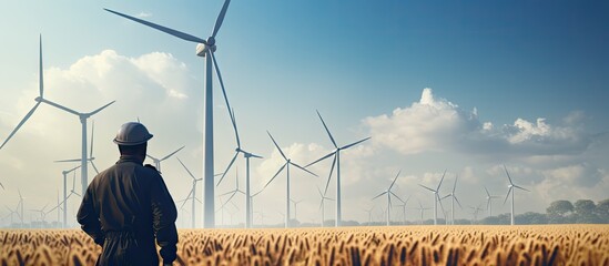 a worker in the renewable energy field looks at a digital tablet while standing among wind turbines 