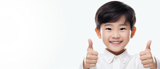 Poster - Smiling Asian boy isolated on white background raises both thumbs and looks at the camera Ample copy space available