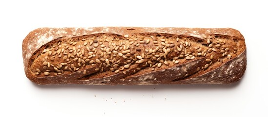 Poster - A top view image of a rye dark bread loaf with grain and sunflower seeds isolated on a white background featuring copy space