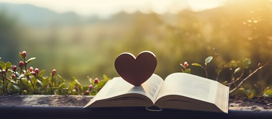 Poster - Vintage retro filtered image of a heart shaped book page surrounded by a beautiful garden background featuring a cup of coffee alongside it Perfect for copy space