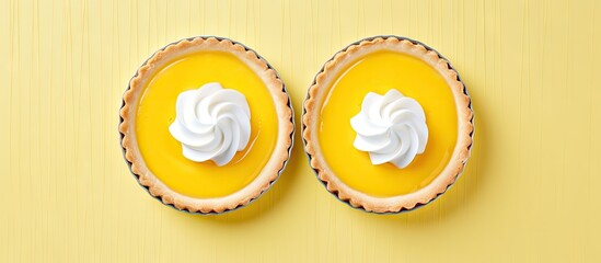 Aufkleber - Top view of two beautifully decorated lemon curd tarts with plenty of copy space image
