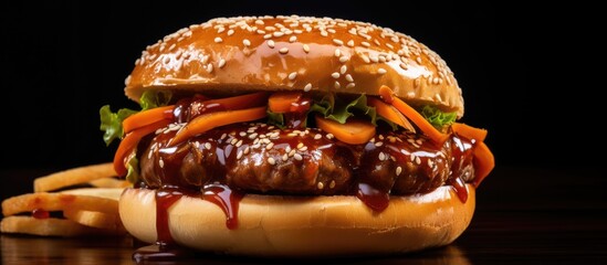 Poster - A tasty and savory food item made of a grilled or steamed sausage placed in a soft bun often accompanied by condiments and toppings. with copy space image. Place for adding text or design