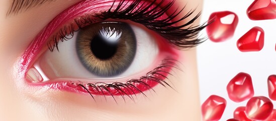 Poster - A transparent gel for styling eyebrows and caring for eyebrows and eyelashes containing pomegranate oil is depicted in a copy space image on a white background