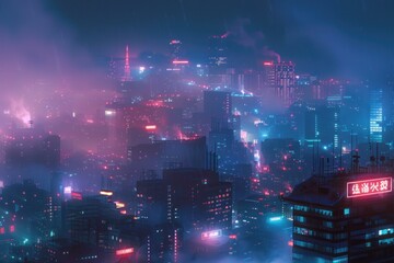 Sticker - Digital illustration of a vibrant cityscape bathed in neon lights under a gentle rain at night