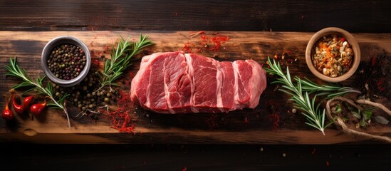 Wall Mural - Top view of raw beef tenderloin fillet on a cutting board wrapped in bacon with aromatic rosemary and spices Ample copy space image