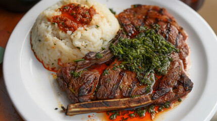 Wall Mural - Tasty grilled african steak with seasoned rice and greens, highlighting the bold flavors of african cooking