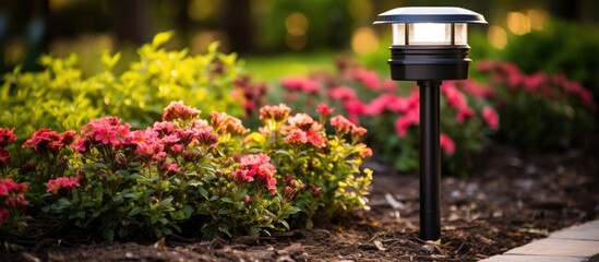 Wall Mural - A small decorative solar garden light in a flower bed enhances the garden design while its solar powered lamp utilizes solar energy Copy space image