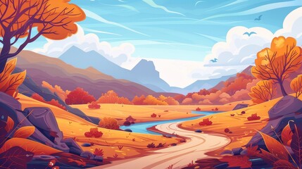 Wall Mural - This modern cartoon illustration shows a mountain valley autumn landscape with sandy road, forest, orange trees and fields, rocks on the skyline and clouds in the blue sky.