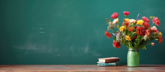 The wooden table serves as a backdrop for a bouquet of flowers colorful chalks and magnetic stickers displayed on a green board in the image Copy space image