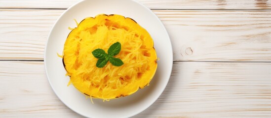 Poster - Top view of a plate with cooked spaghetti squash on a white wooden background providing ample space for text